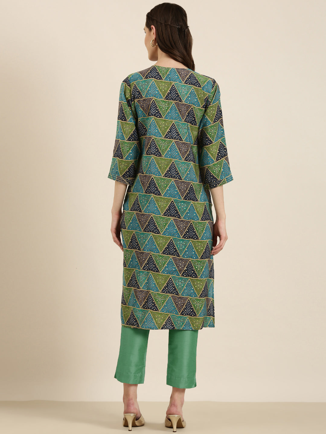 Women's Multi Geometric Printed Mirror Work Straight kurta
