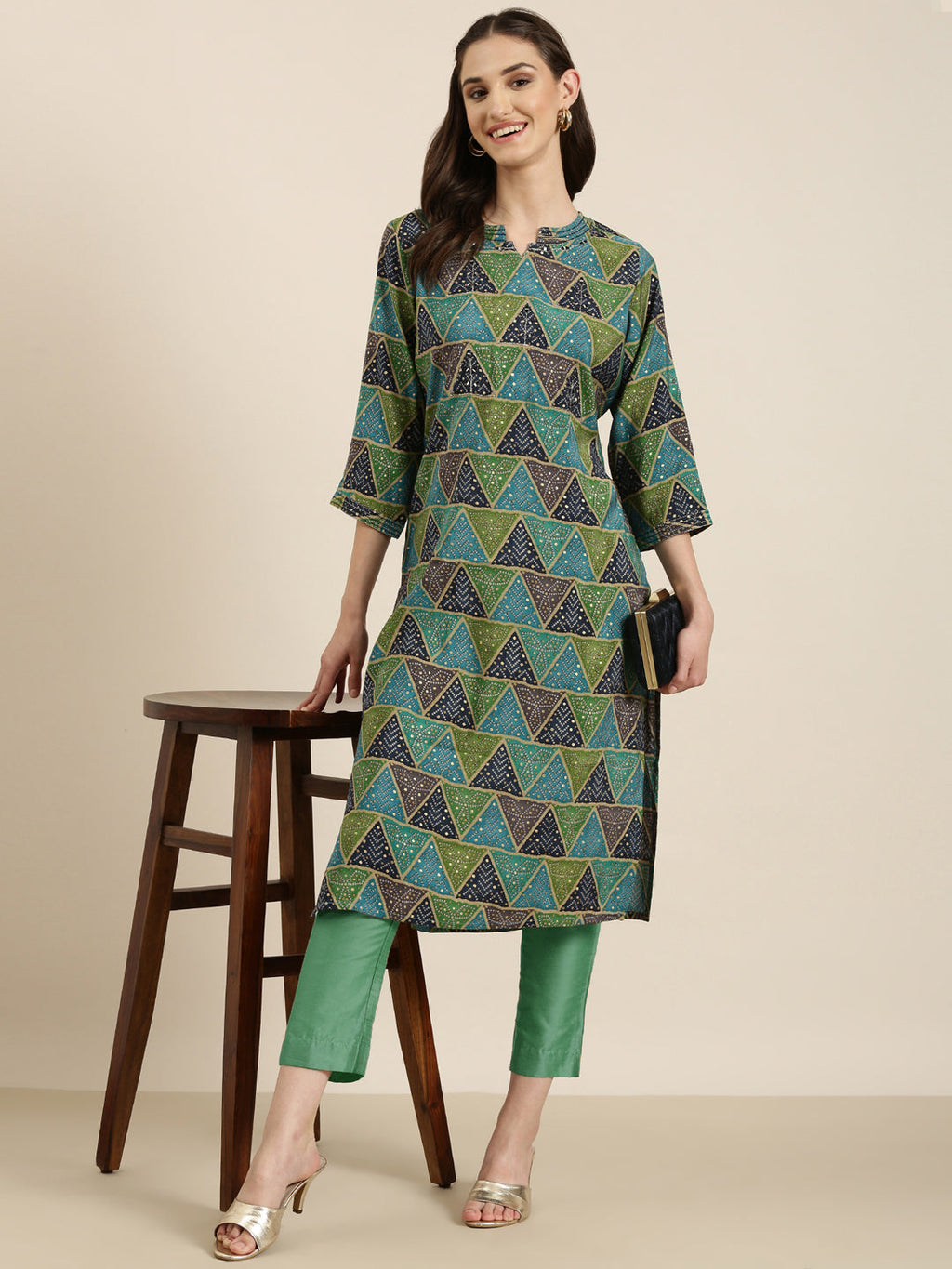 Women's Multi Geometric Printed Mirror Work Straight kurta