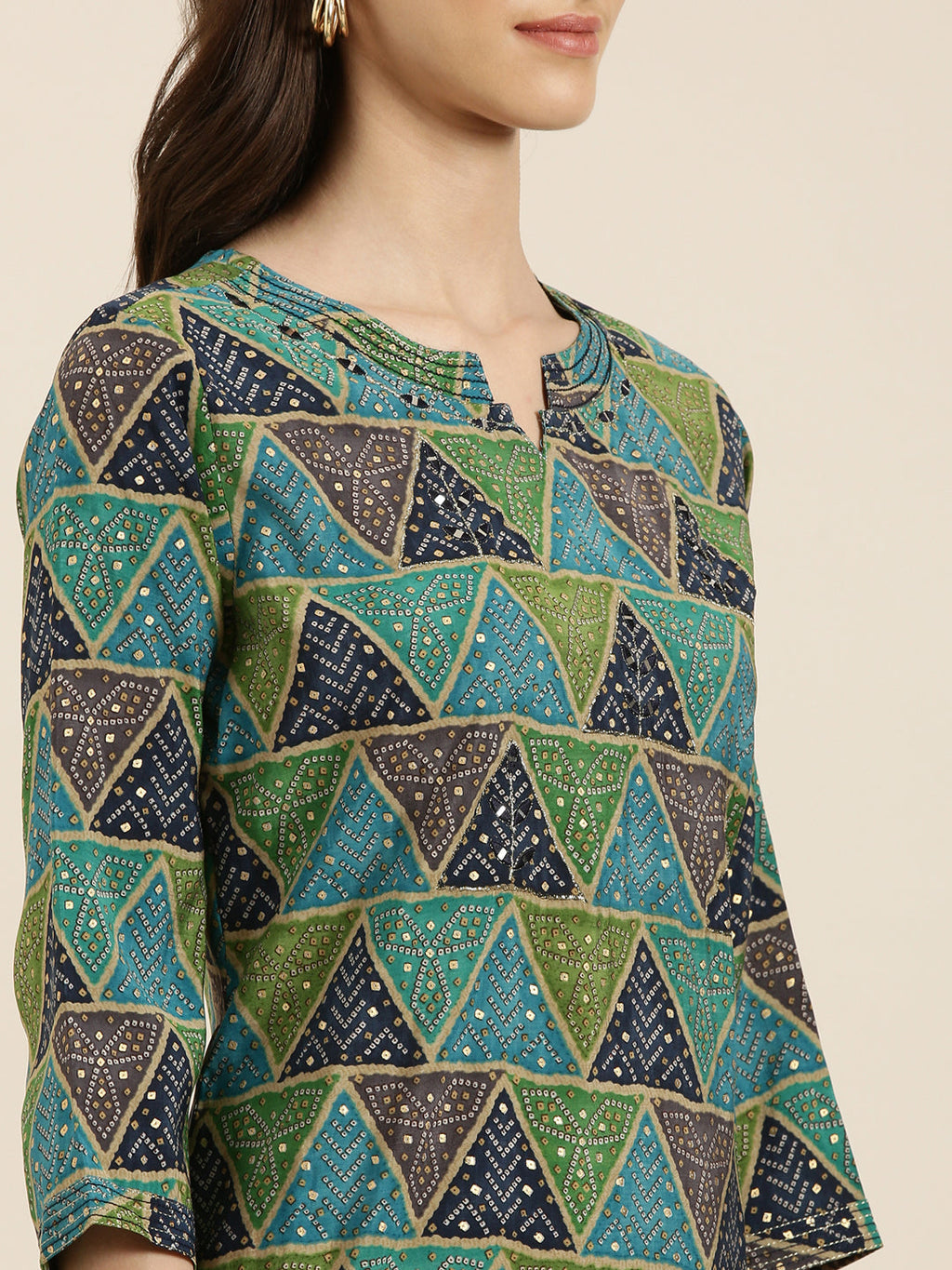 Women's Multi Geometric Printed Mirror Work Straight kurta