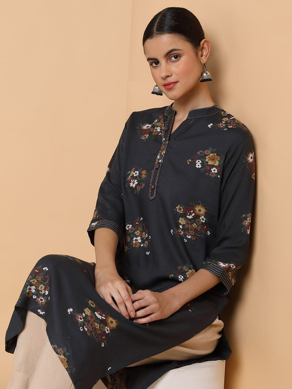 Women's Straight Black Floral Kurta