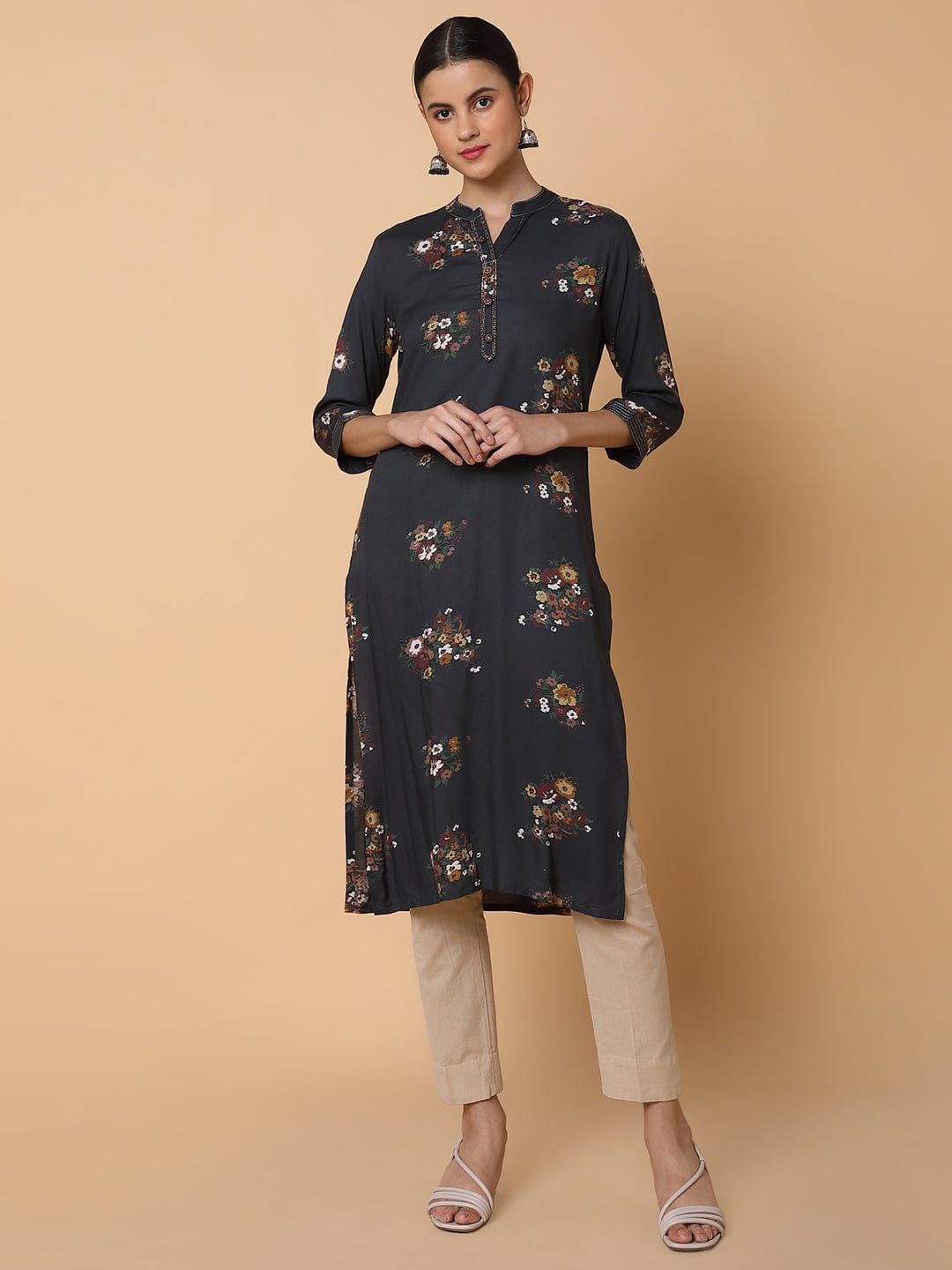 Women's Straight Black Floral Kurta