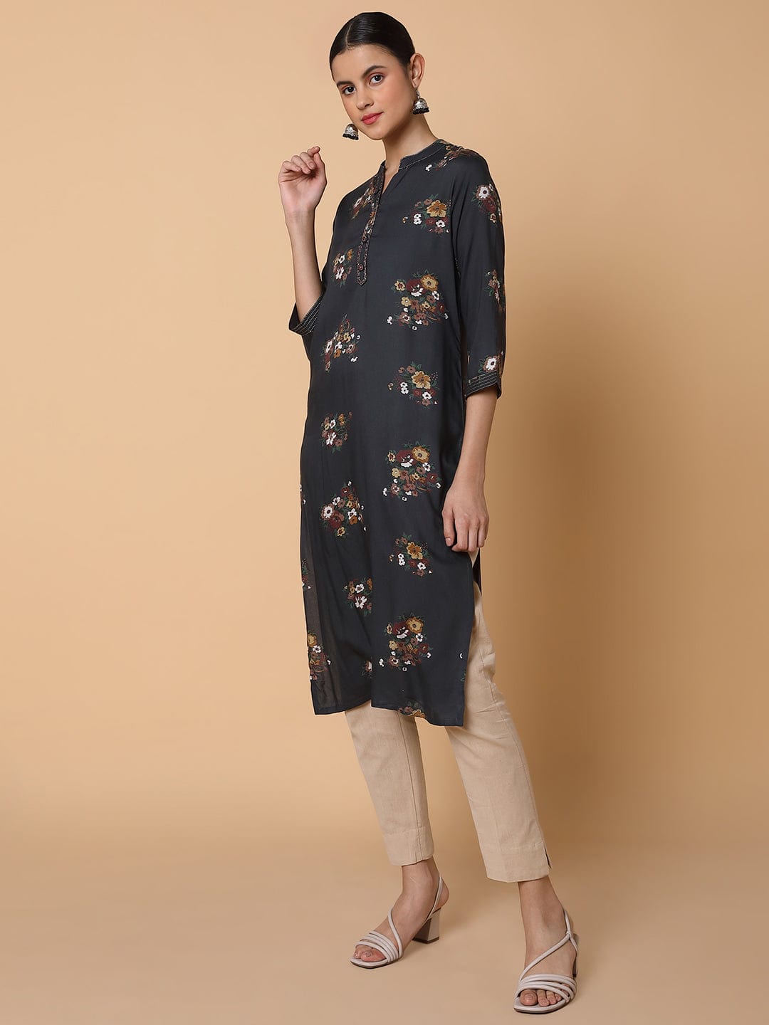 Women's Straight Black Floral Kurta