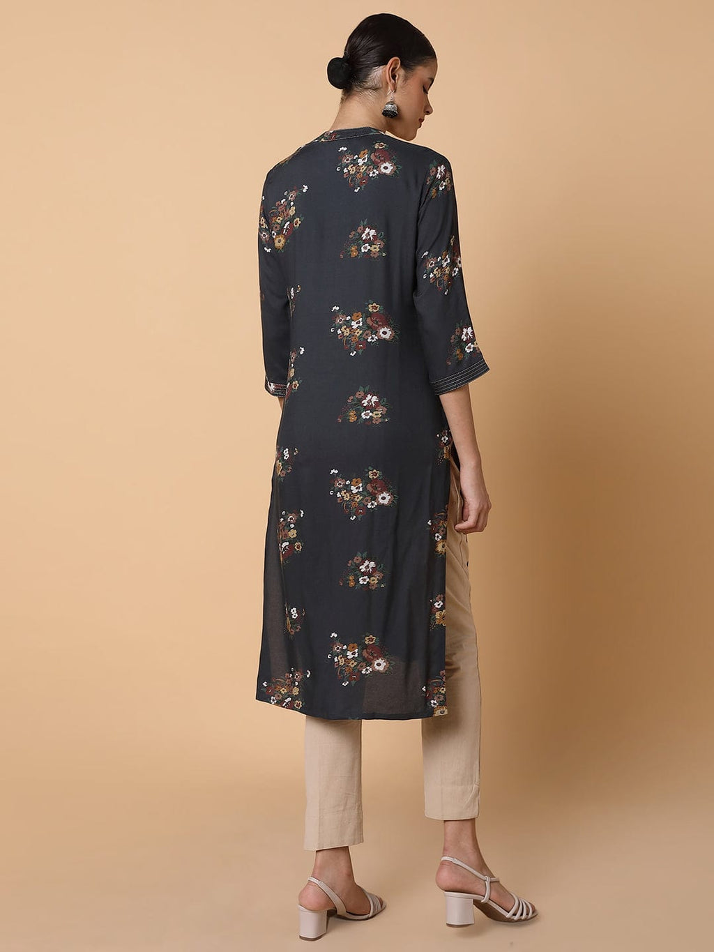 Women's Straight Black Floral Kurta