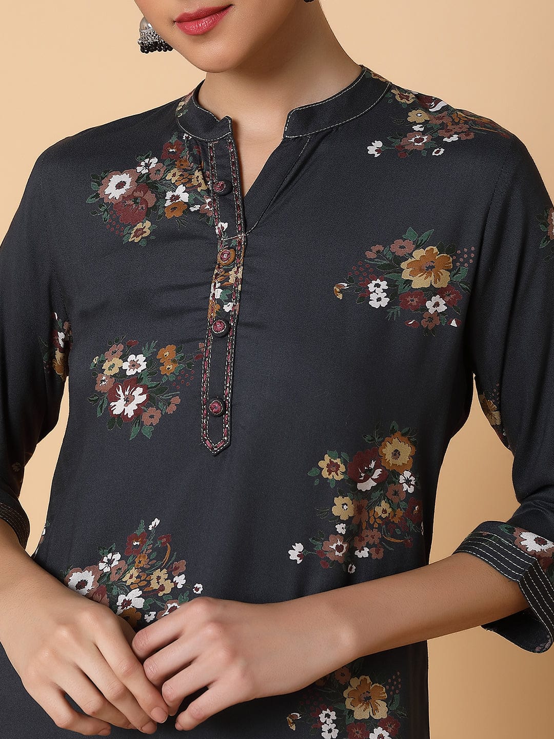 Women's Straight Black Floral Kurta
