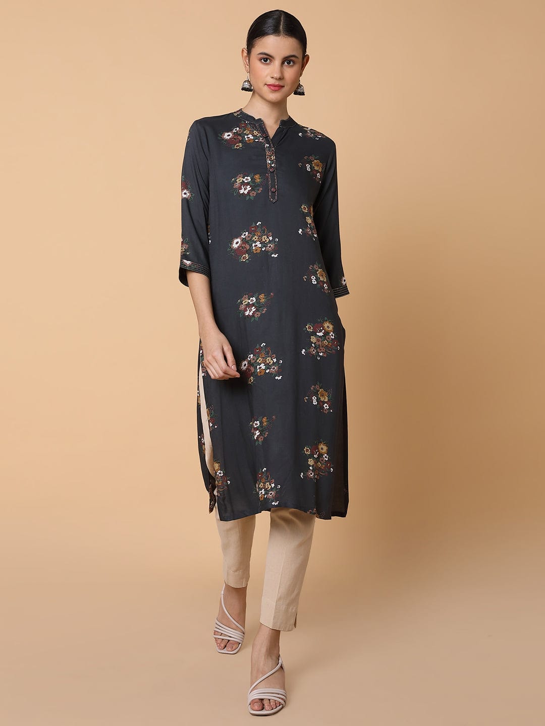 Women's Straight Black Floral Kurta