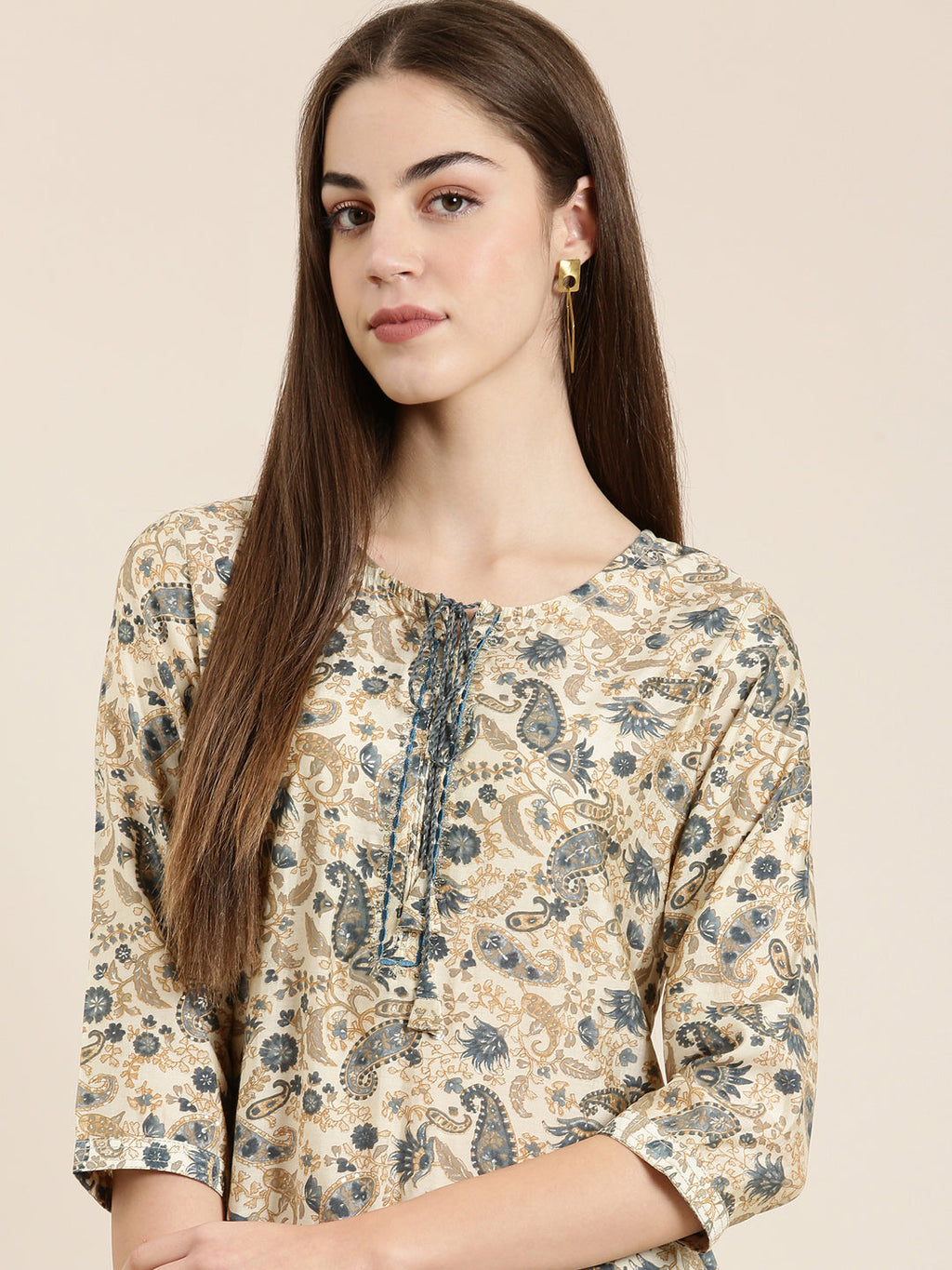 Women's Cream Ethnic Motif Printed key Hole Neck Straight Kurta