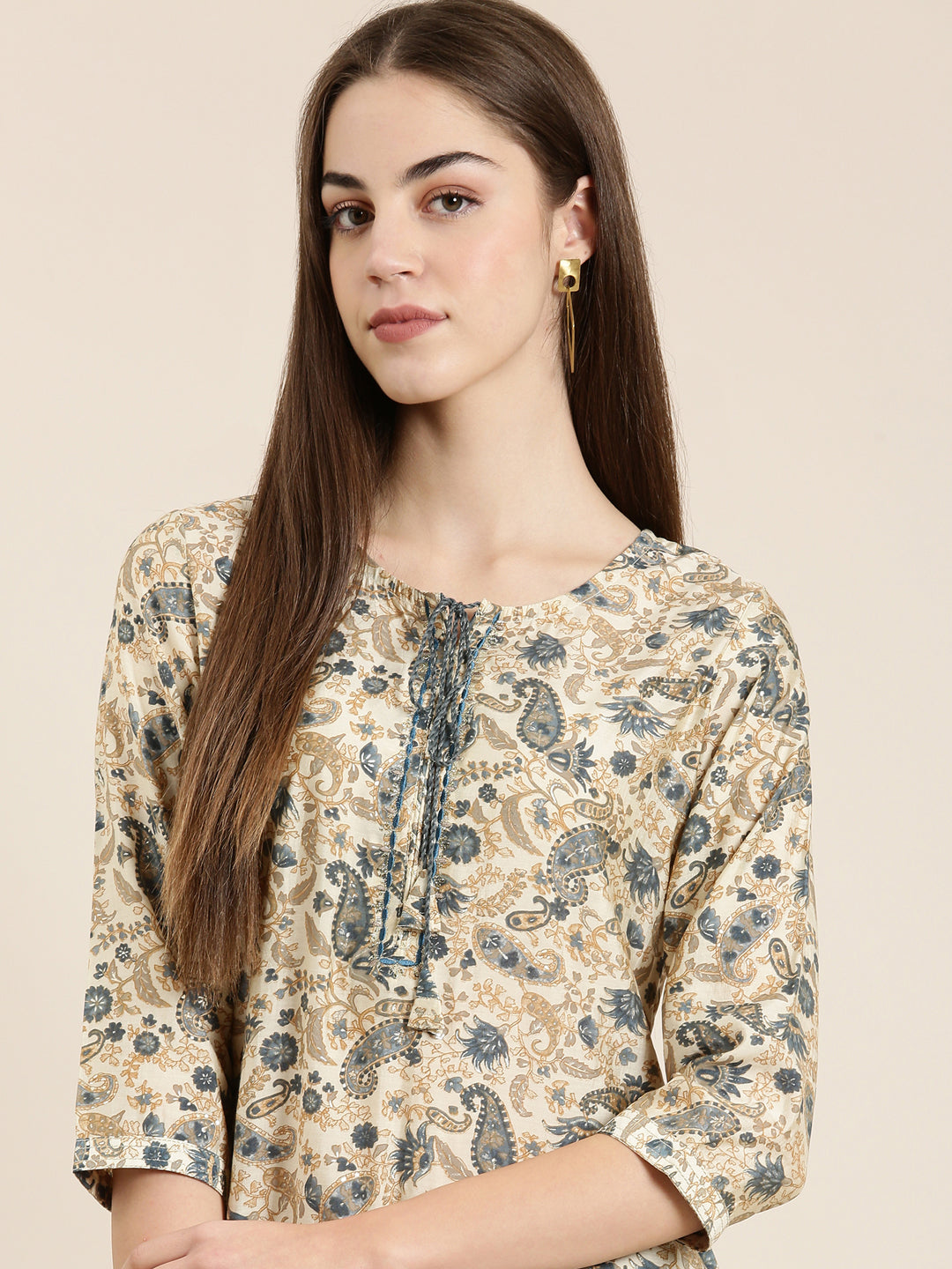 Women's Cream Ethnic Motif Printed key Hole Neck Straight Kurta