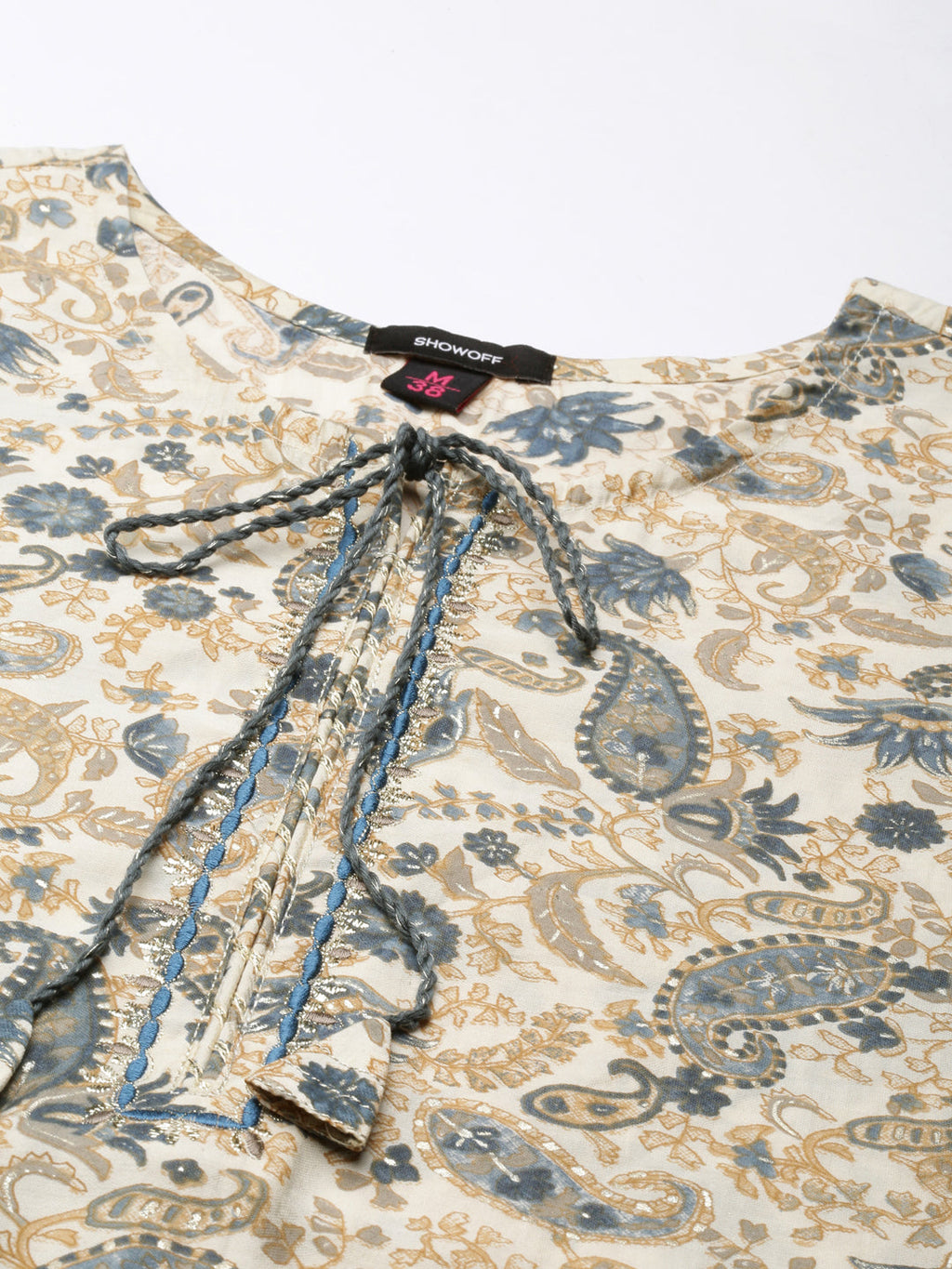 Women's Cream Ethnic Motif Printed key Hole Neck Straight Kurta