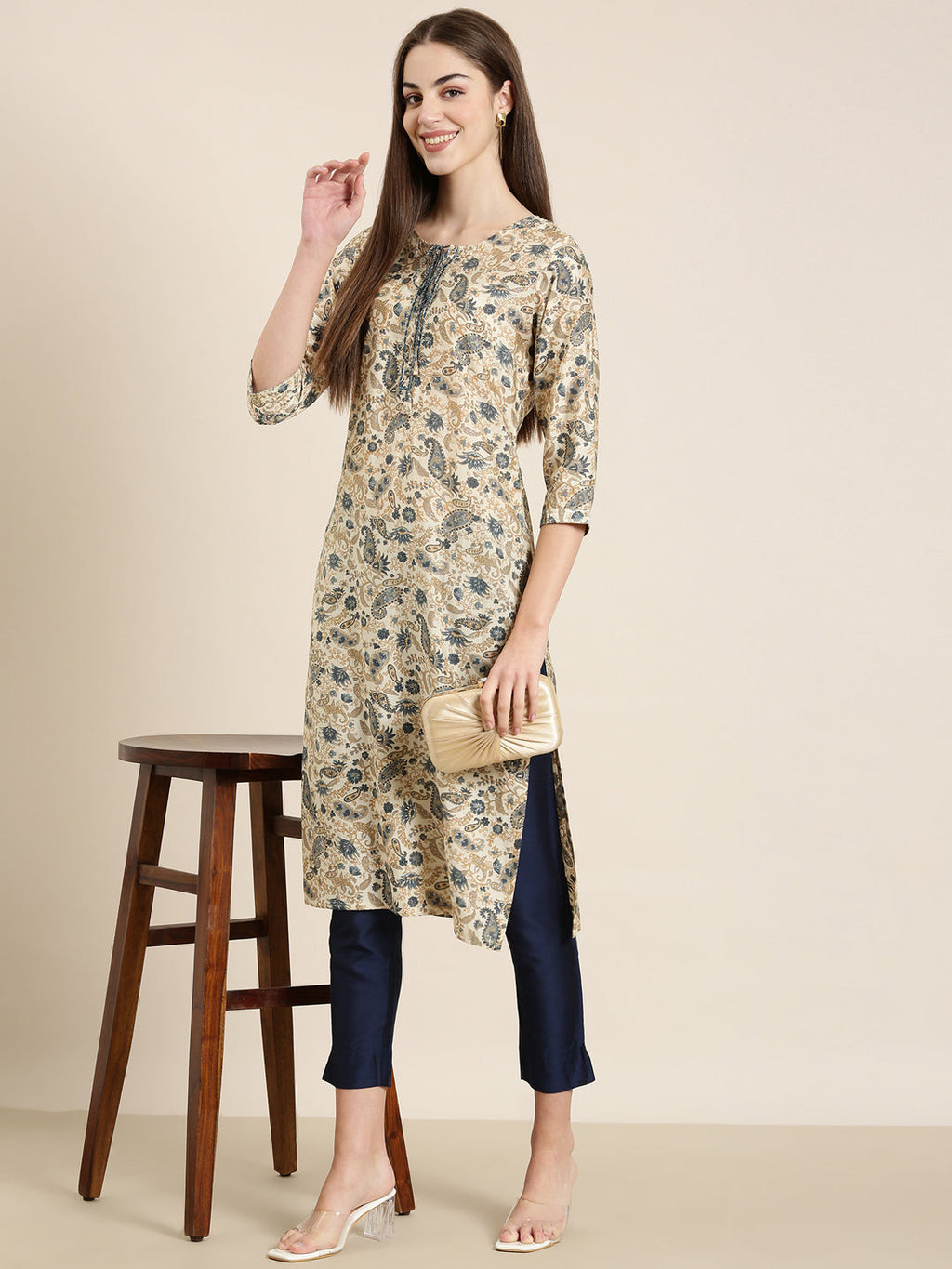 Women's Cream Ethnic Motif Printed key Hole Neck Straight Kurta