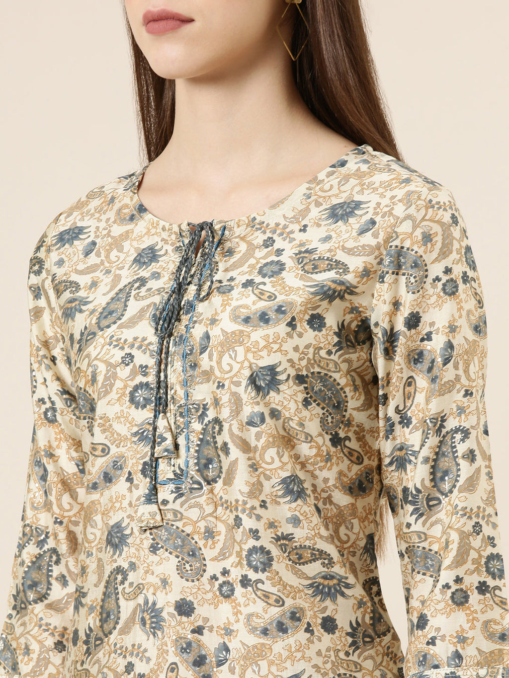 Women's Cream Ethnic Motif Printed key Hole Neck Straight Kurta