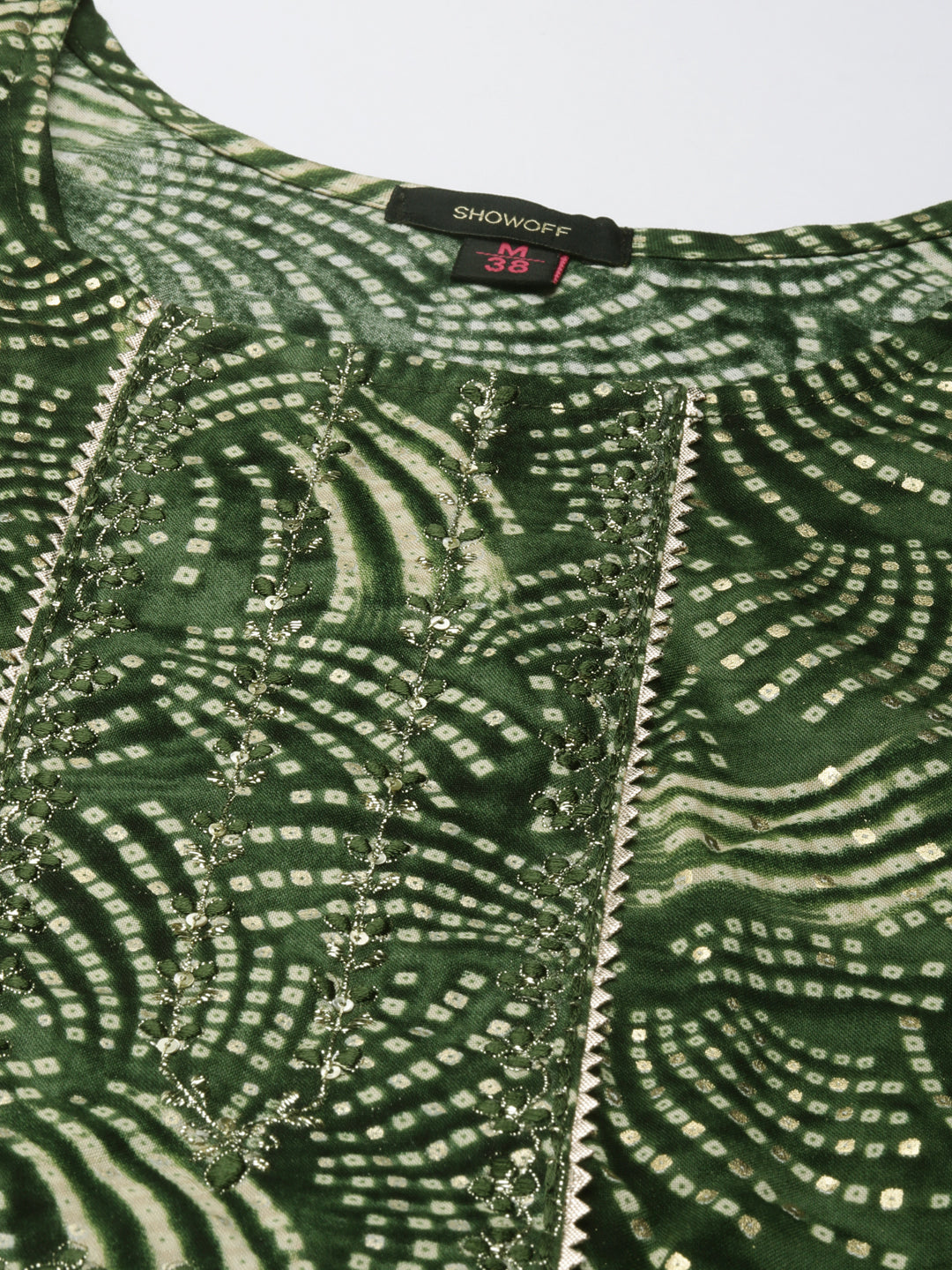 Women's Green Ethnic Motif Printed Thread Work Straight Kurta