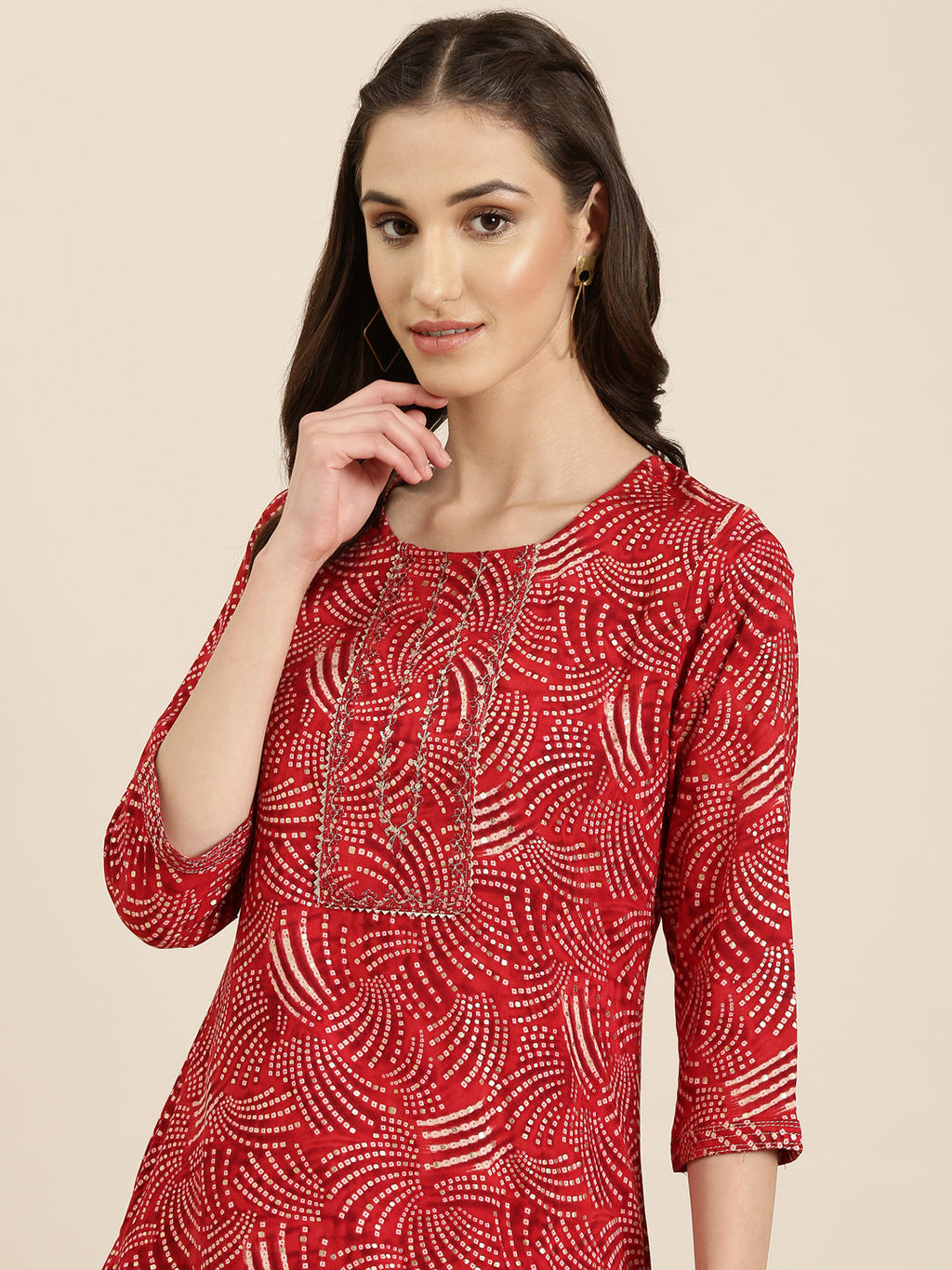 Women's Red Bandhani Printed Gotta Patti Straight Kurta