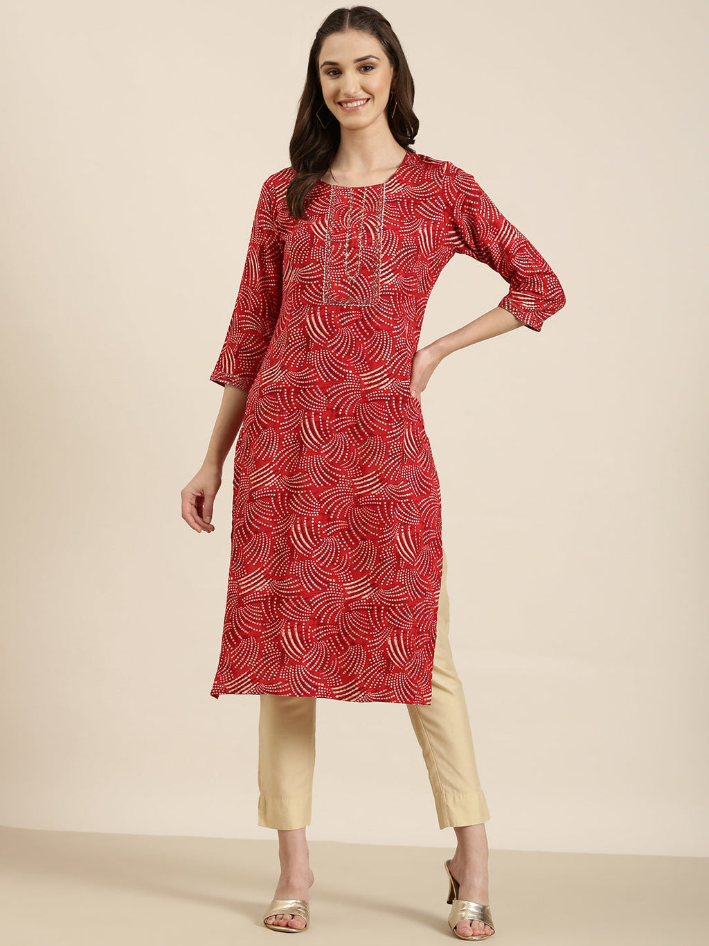 Women's Red Bandhani Printed Gotta Patti Straight Kurta