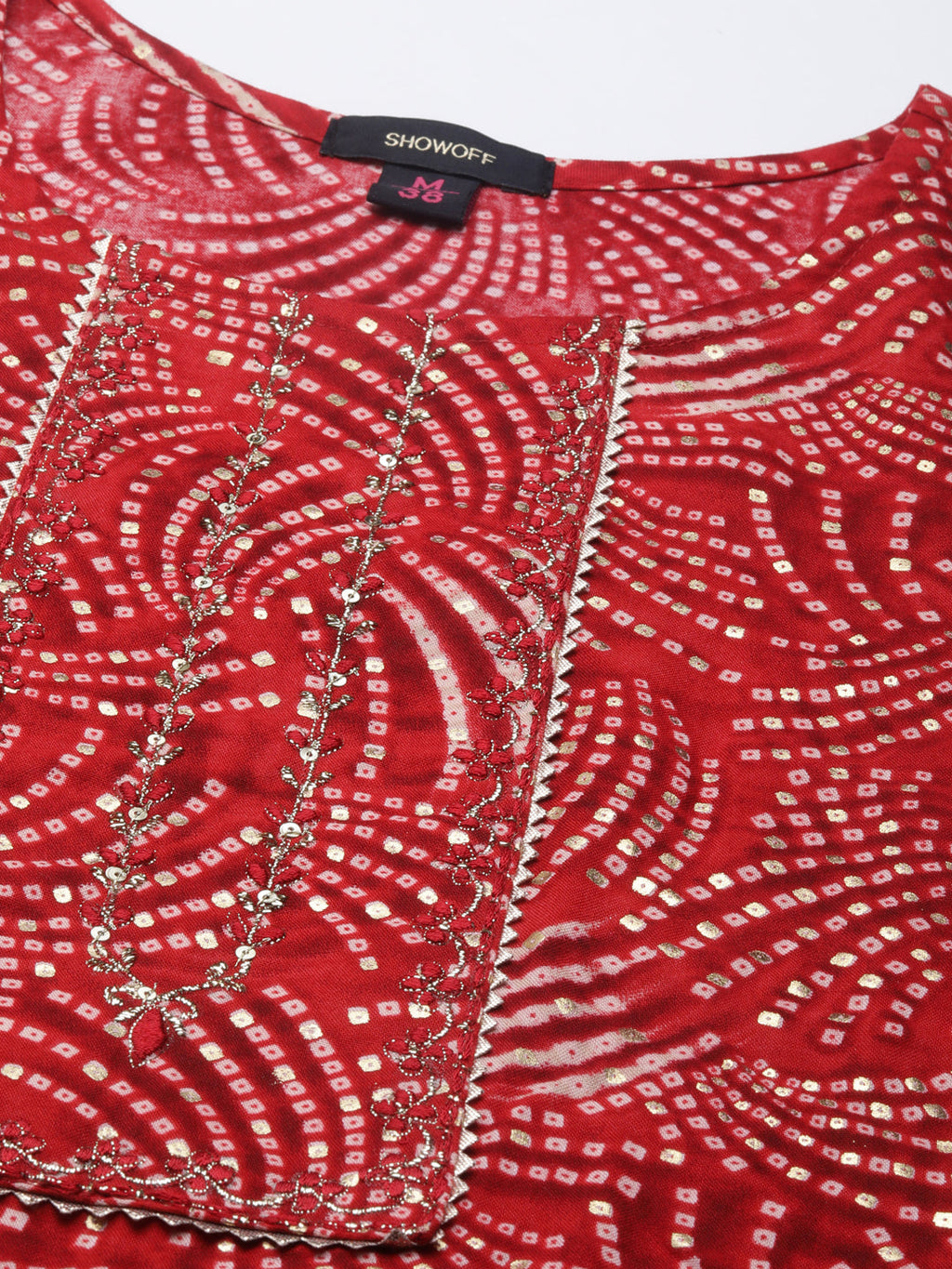 Women's Red Bandhani Printed Gotta Patti Straight Kurta