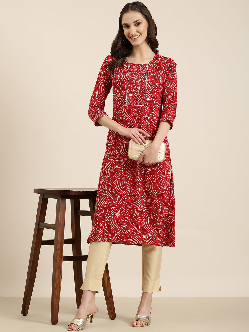 Women's Red Bandhani Printed Gotta Patti Straight Kurta