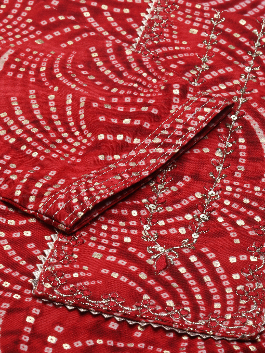 Women's Red Bandhani Printed Gotta Patti Straight Kurta