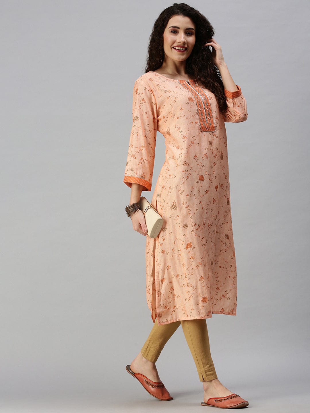 Women's Printed Orange Straight Kurta