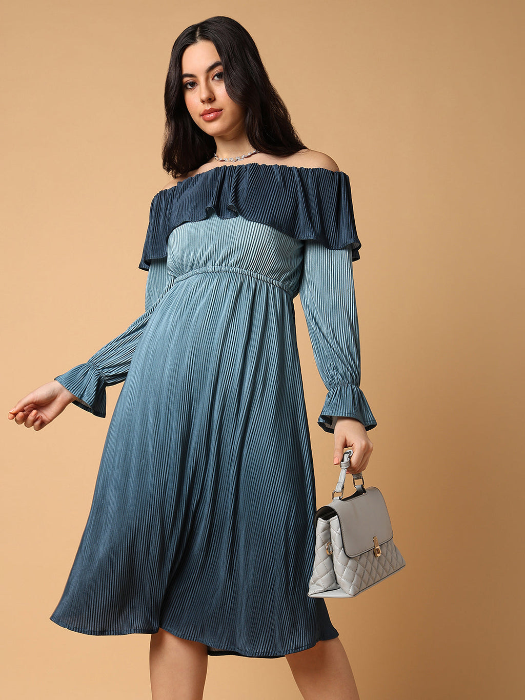 Women's Teal Off-Shoulder Accordion Pleats Satin Fit & Flare Midi Dress