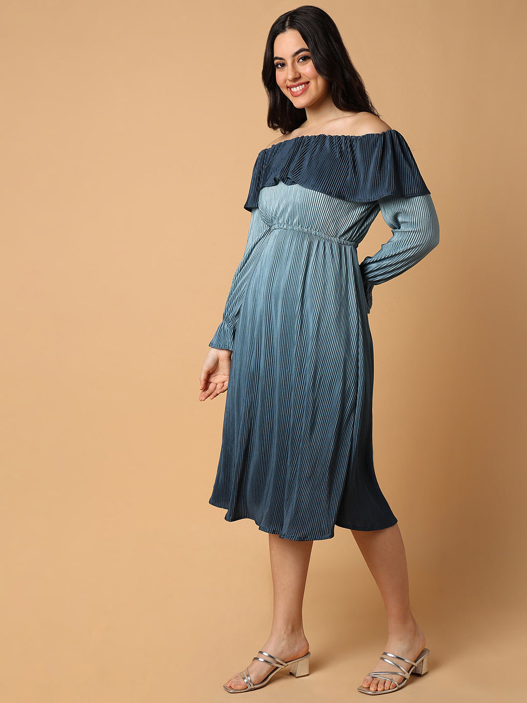 Women's Teal Off-Shoulder Accordion Pleats Satin Fit & Flare Midi Dress