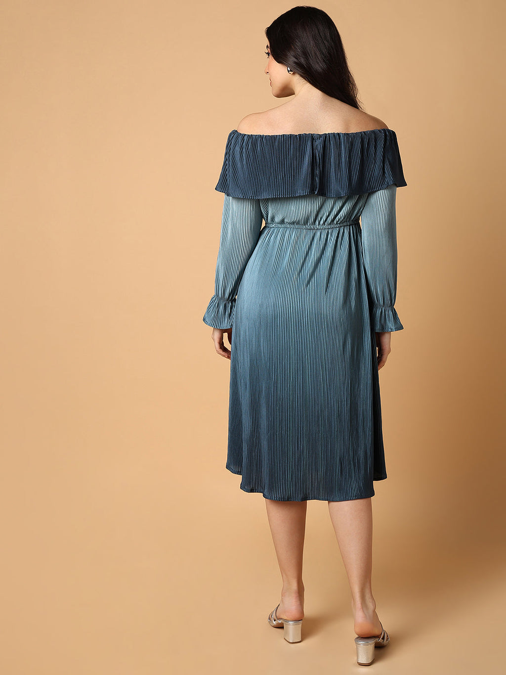 Women's Teal Off-Shoulder Accordion Pleats Satin Fit & Flare Midi Dress