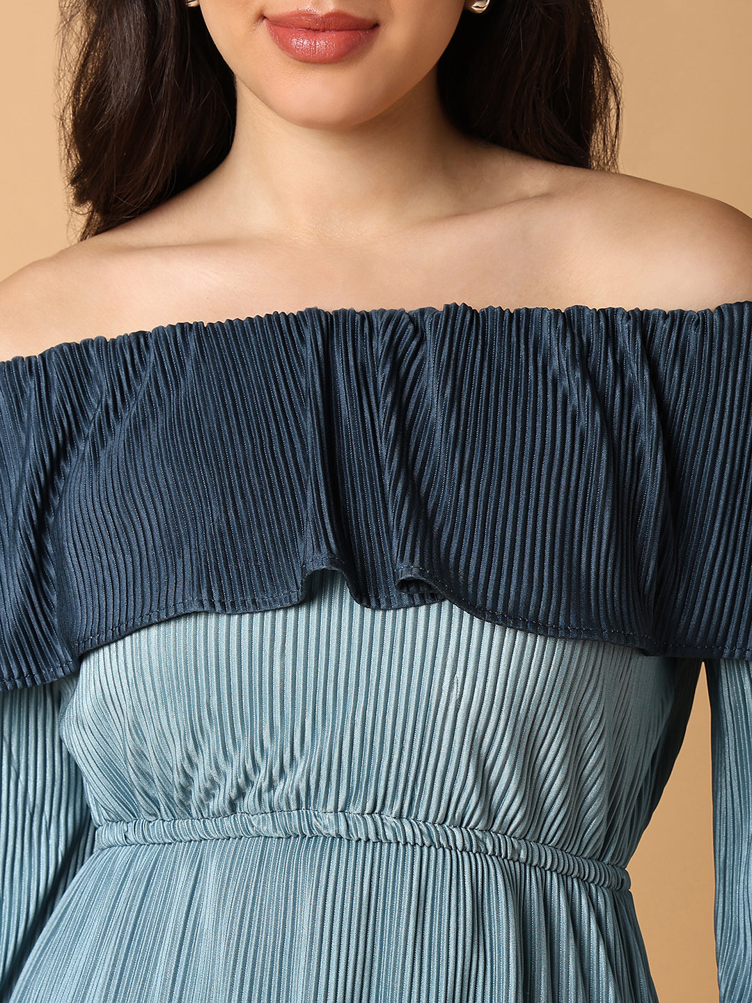 Women's Teal Off-Shoulder Accordion Pleats Satin Fit & Flare Midi Dress