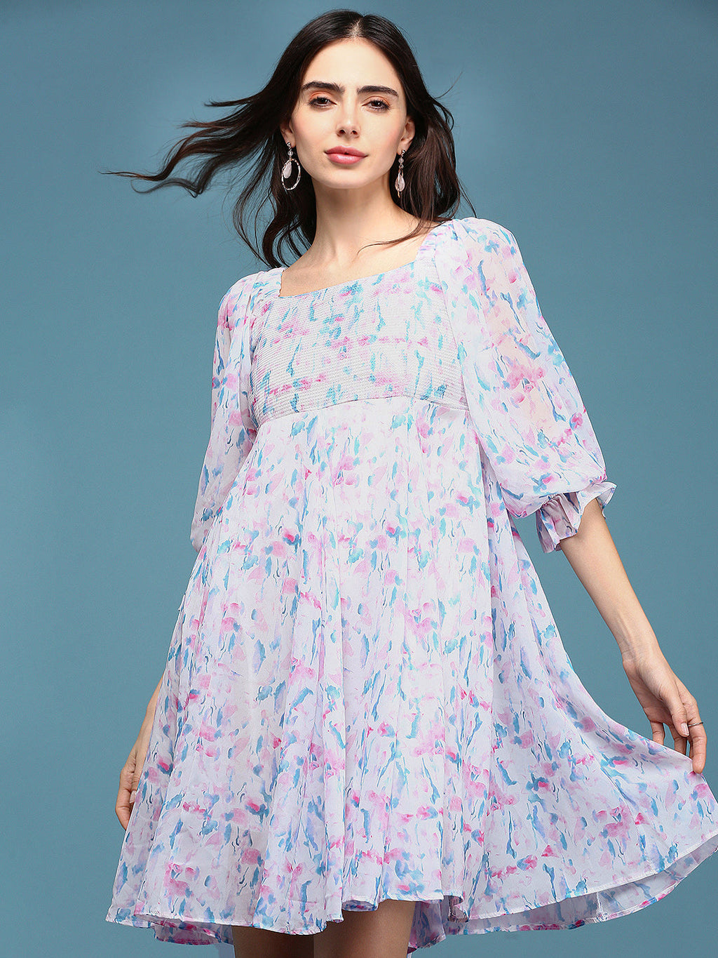 Women's White Floral Chiffon Fit & Flare Dress