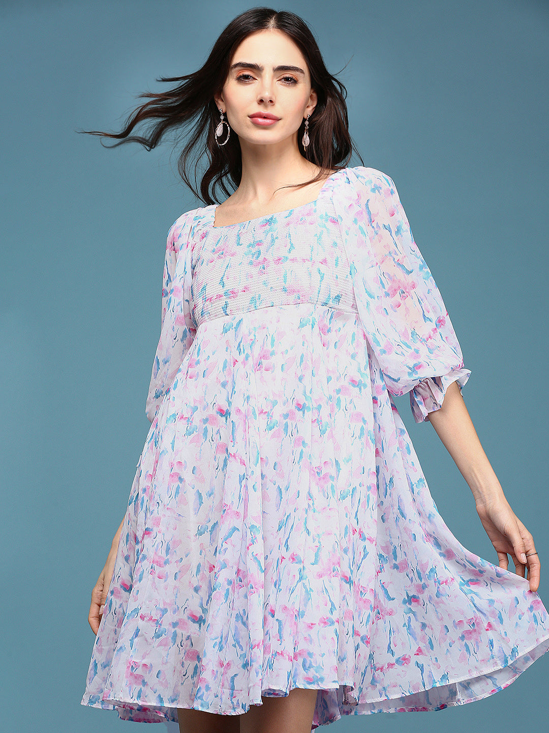 Women's White Floral Chiffon Fit & Flare Dress