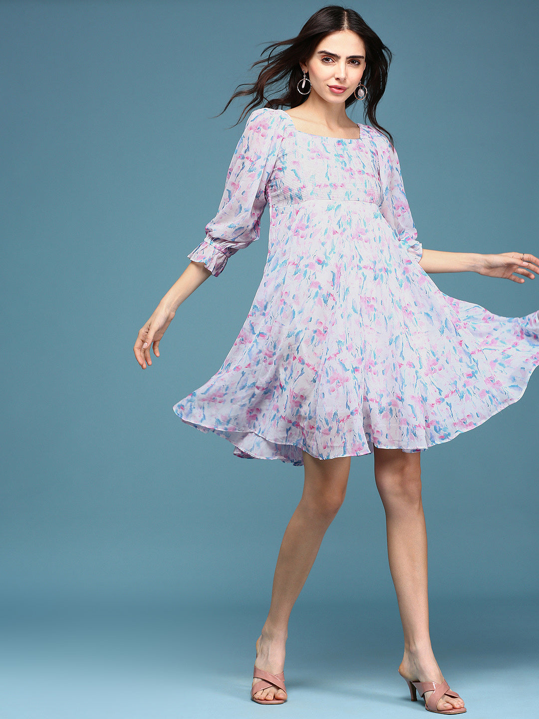 Women's White Floral Chiffon Fit & Flare Dress