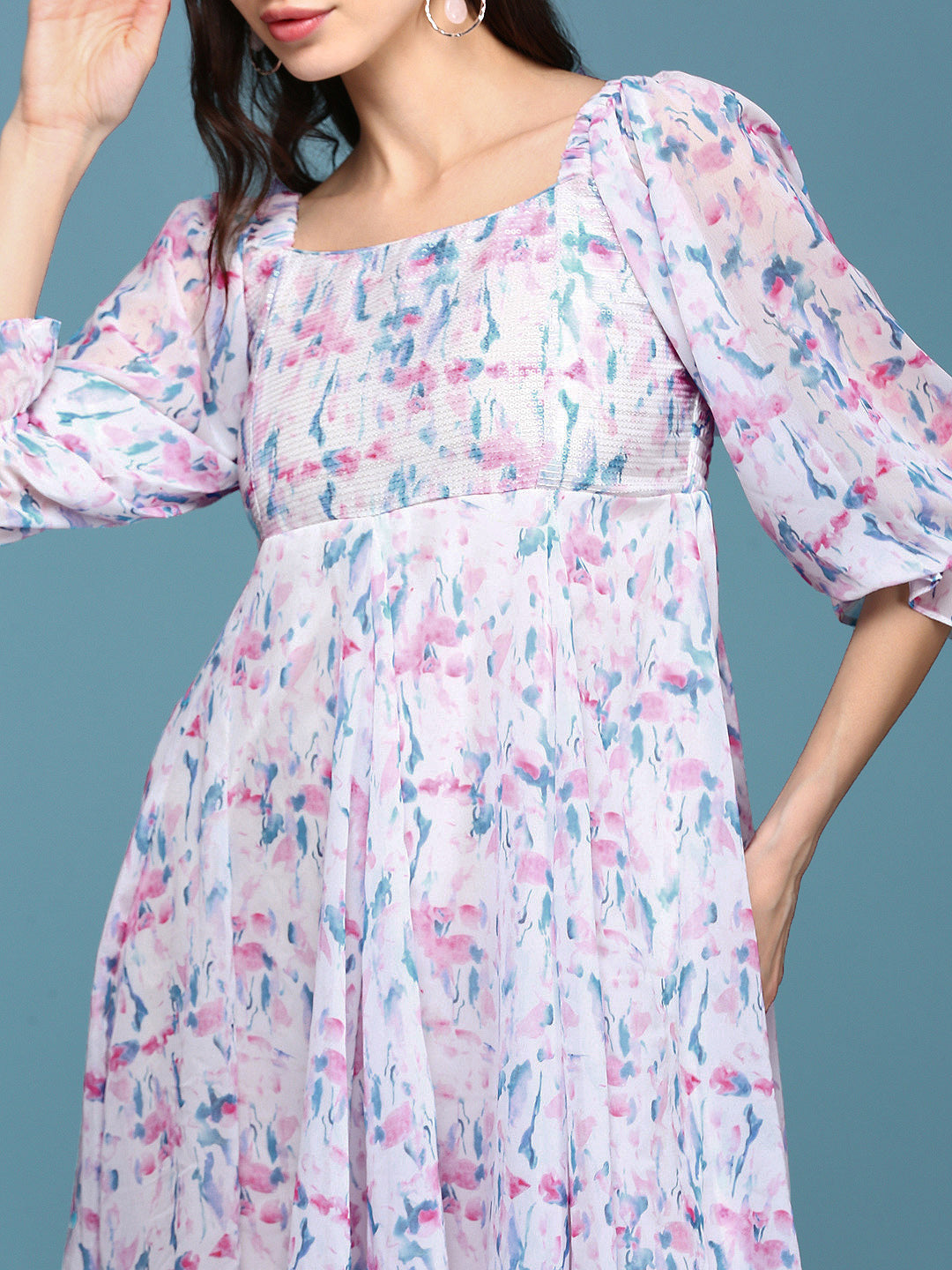 Women's White Floral Chiffon Fit & Flare Dress