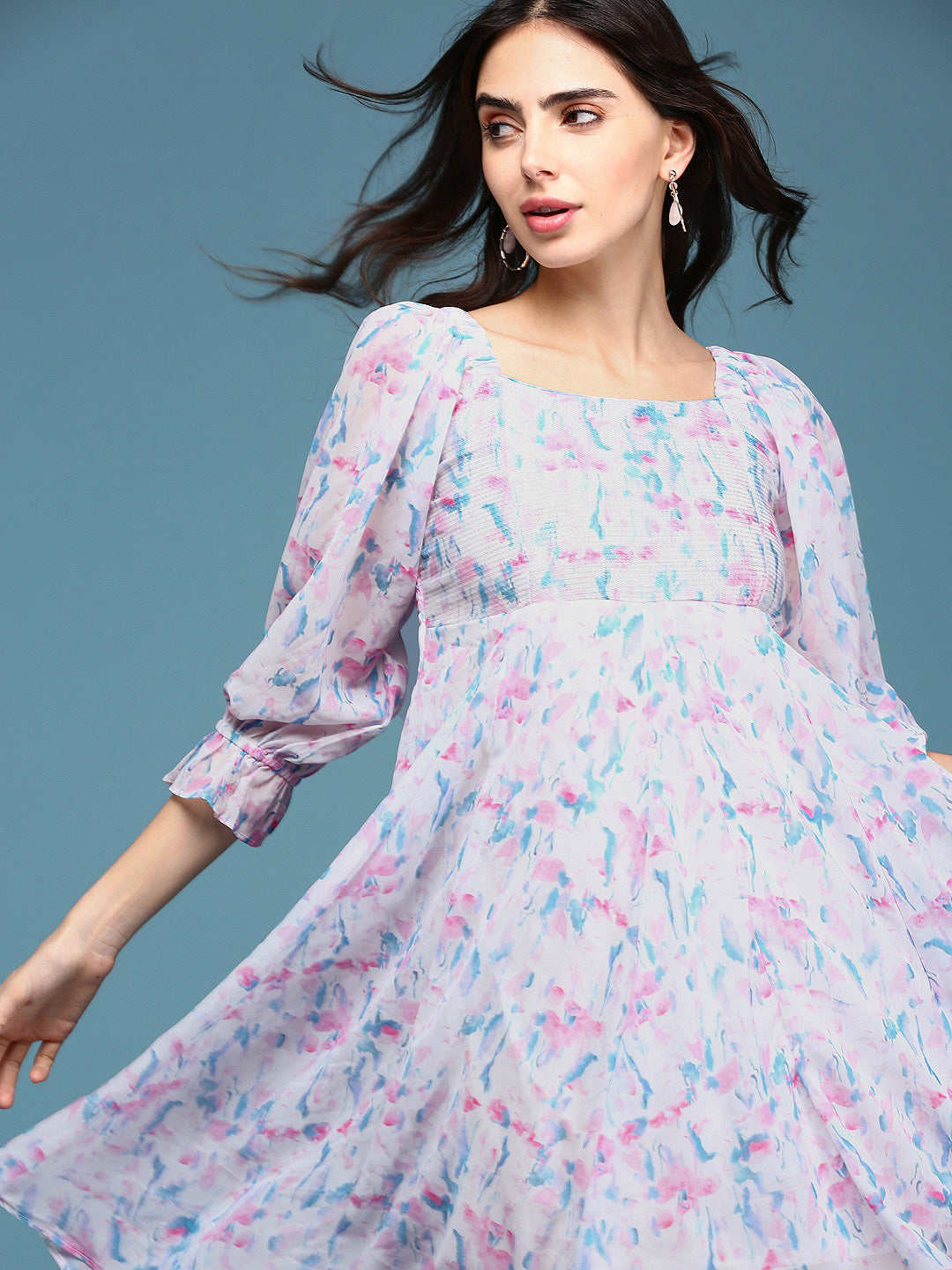 Women's White Floral Chiffon Fit & Flare Dress