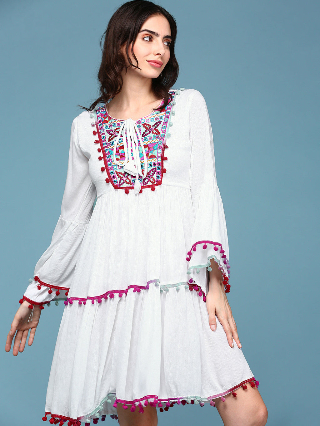 Women's White Embellished Embroidered Lace Cotton Fit & Flare Dress