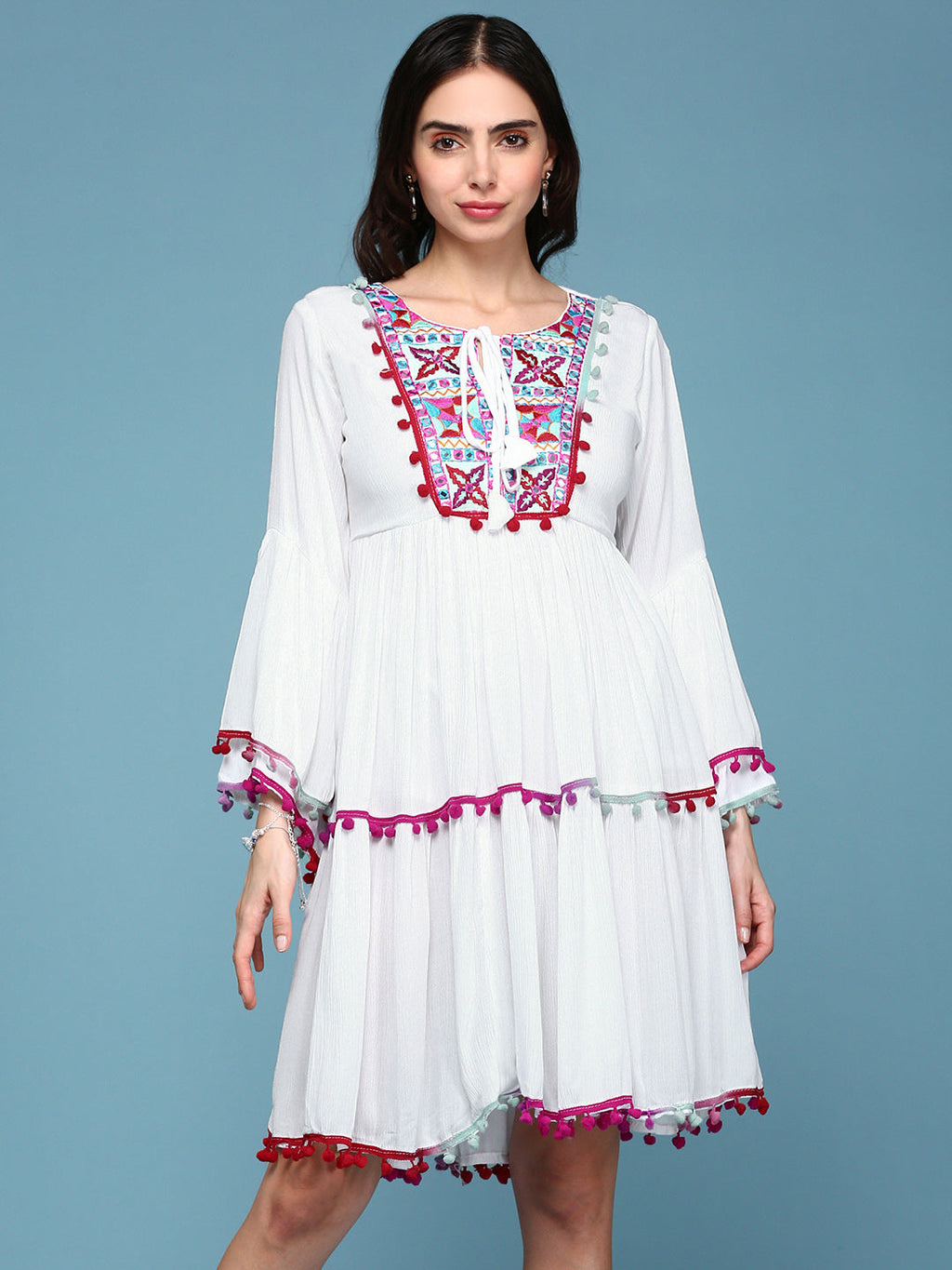 Women's White Embellished Embroidered Lace Cotton Fit & Flare Dress