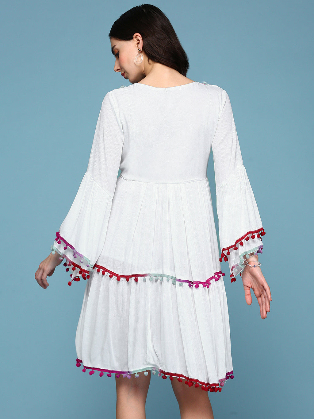 Women's White Embellished Embroidered Lace Cotton Fit & Flare Dress