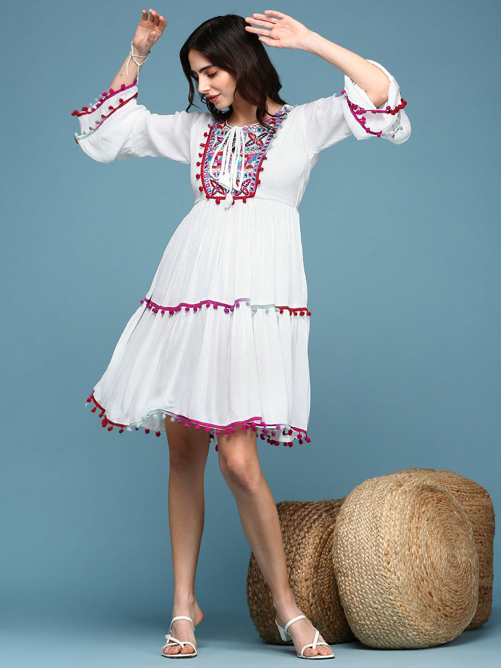 Women's White Embellished Embroidered Lace Cotton Fit & Flare Dress