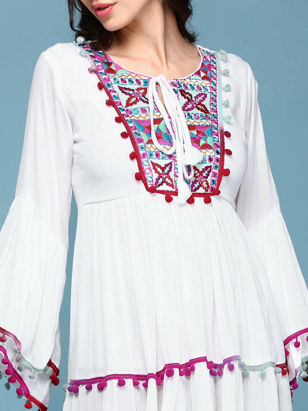 Women's White Embellished Embroidered Lace Cotton Fit & Flare Dress