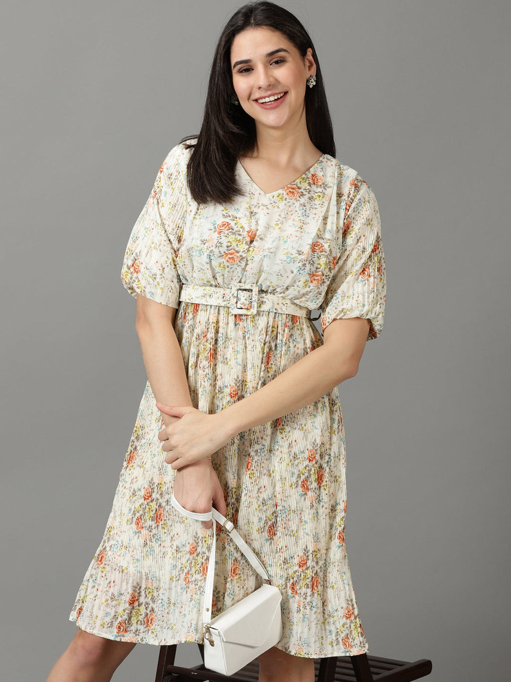 Women's Off White V-Neck Floral Printed Fit and Flare Dress With Belt