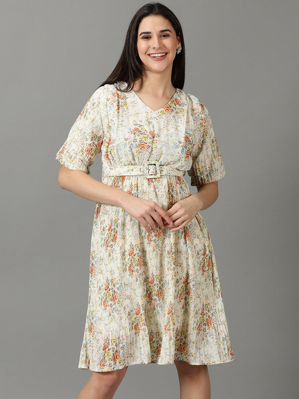 Women's Off White V-Neck Floral Printed Fit and Flare Dress With Belt