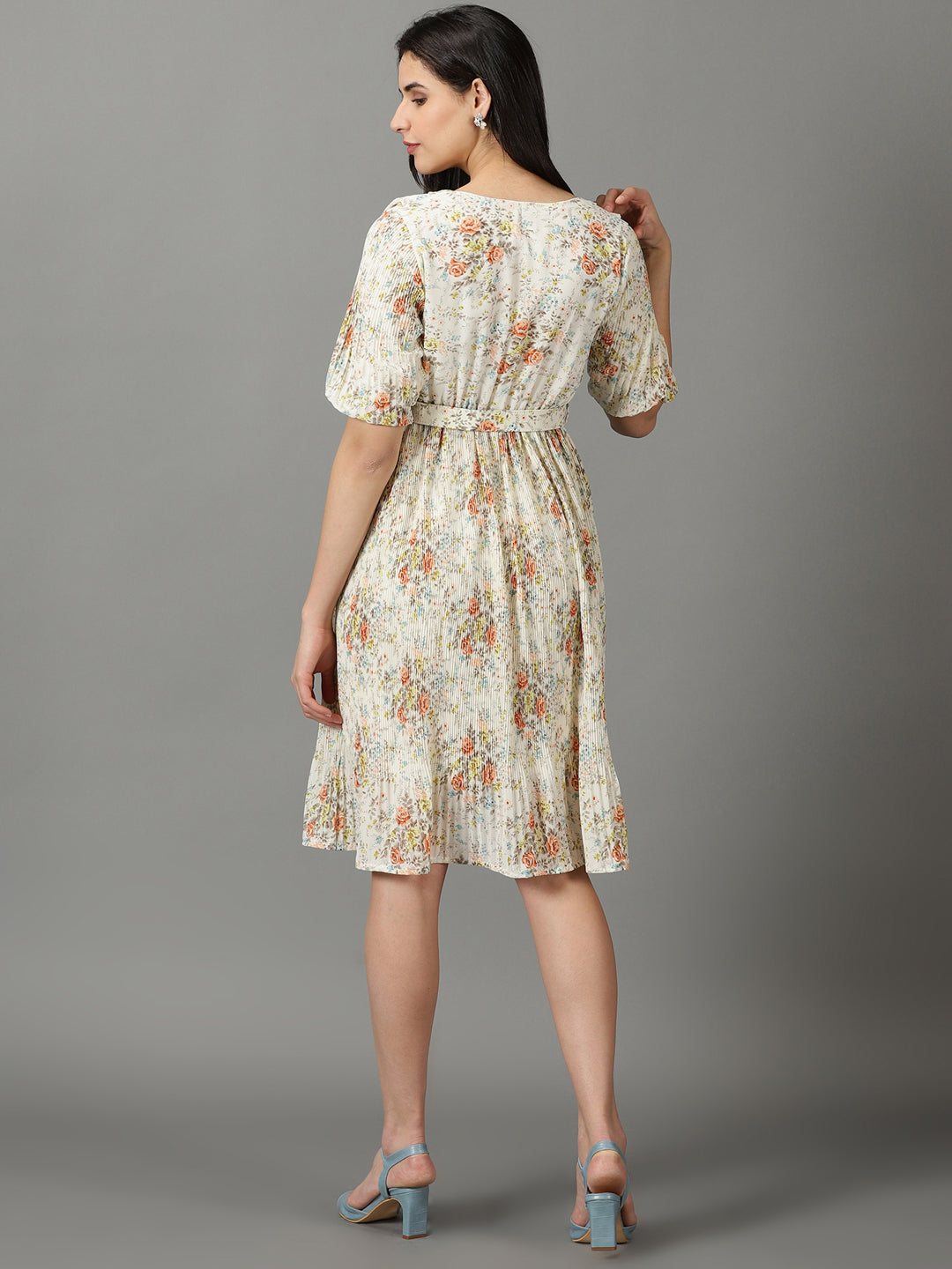 Women's Off White V-Neck Floral Printed Fit and Flare Dress With Belt