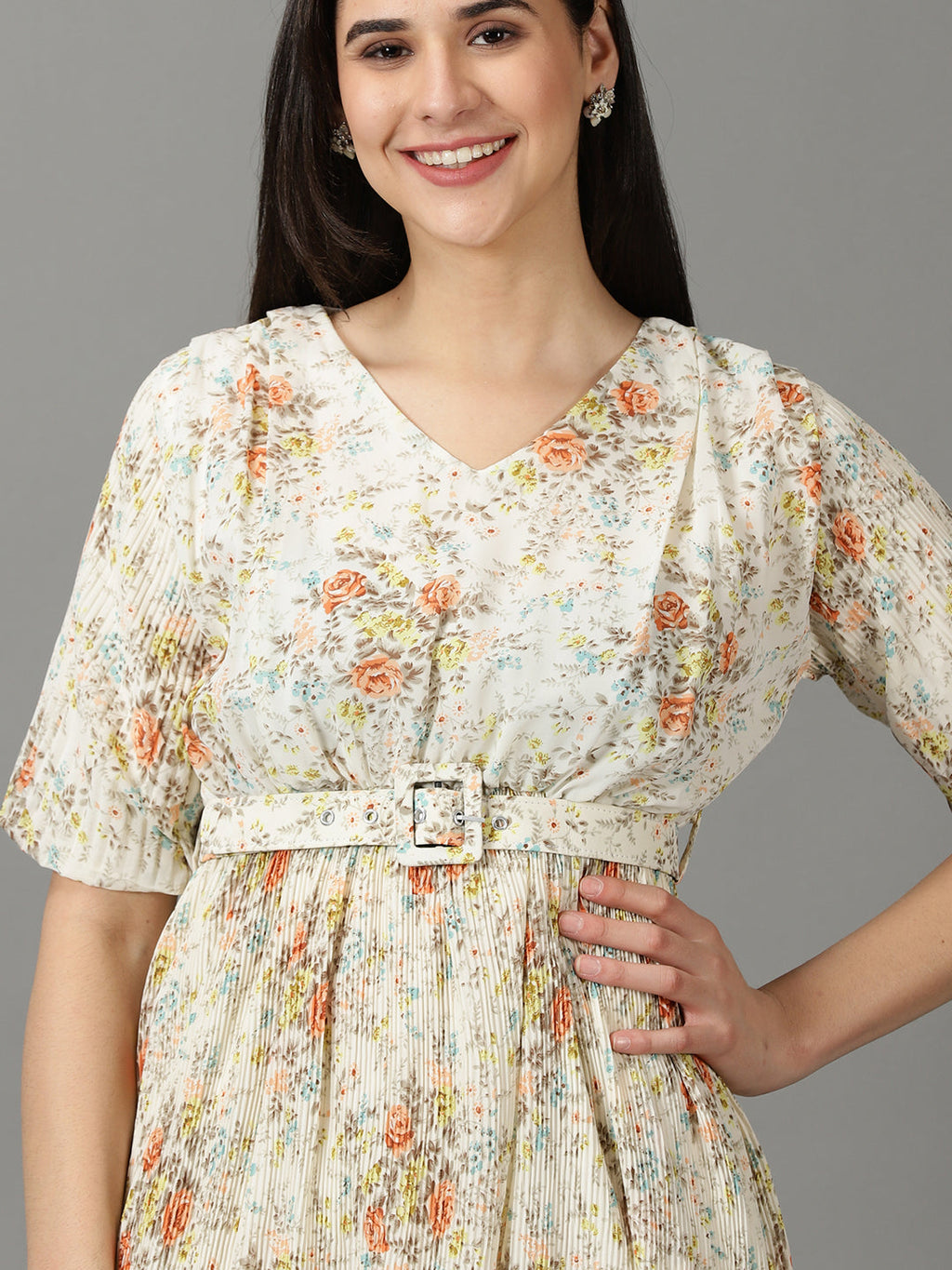 Women's Off White V-Neck Floral Printed Fit and Flare Dress With Belt