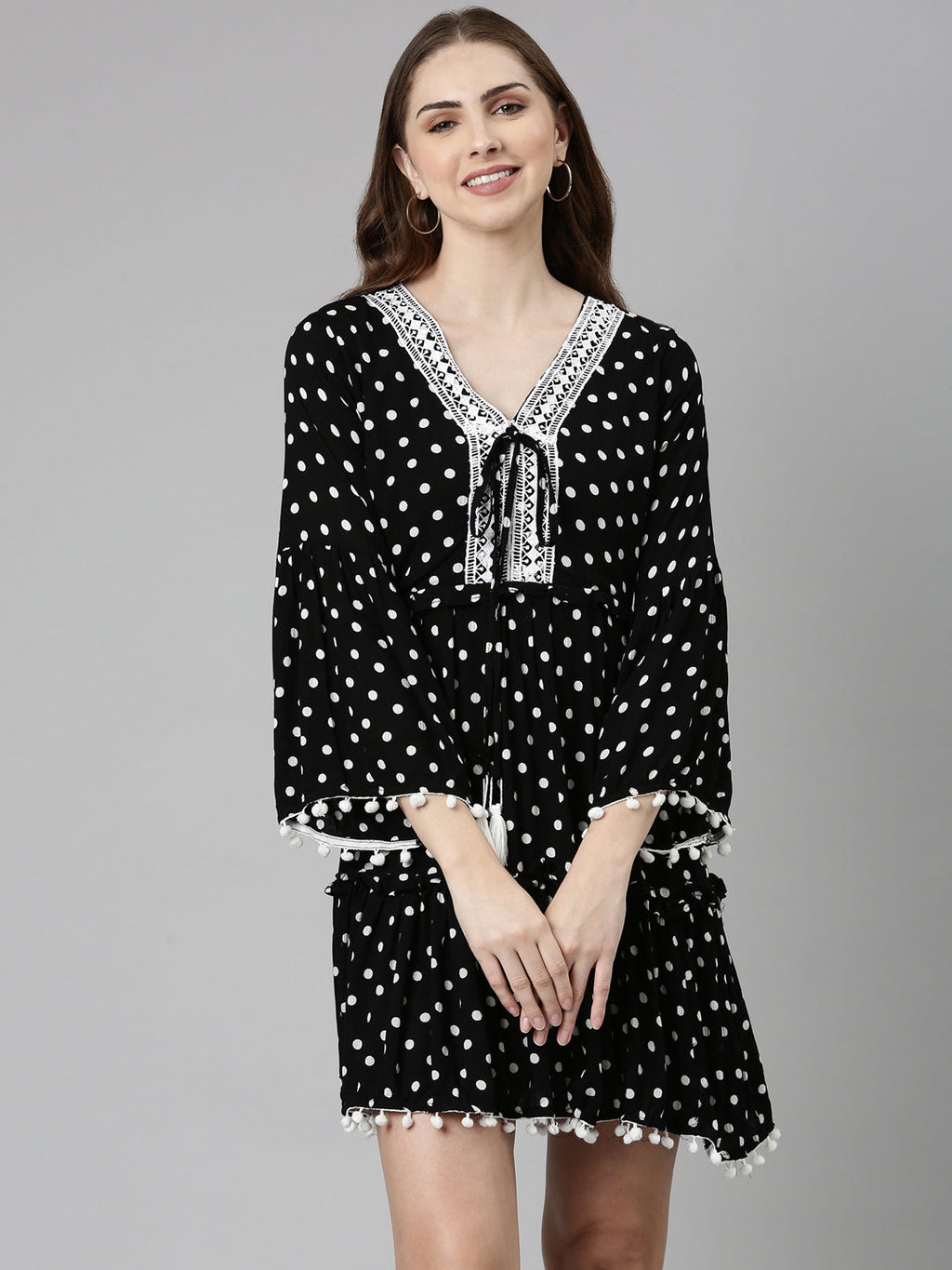 Women's Black Cotton Polka Dots Printed A-Line Dress