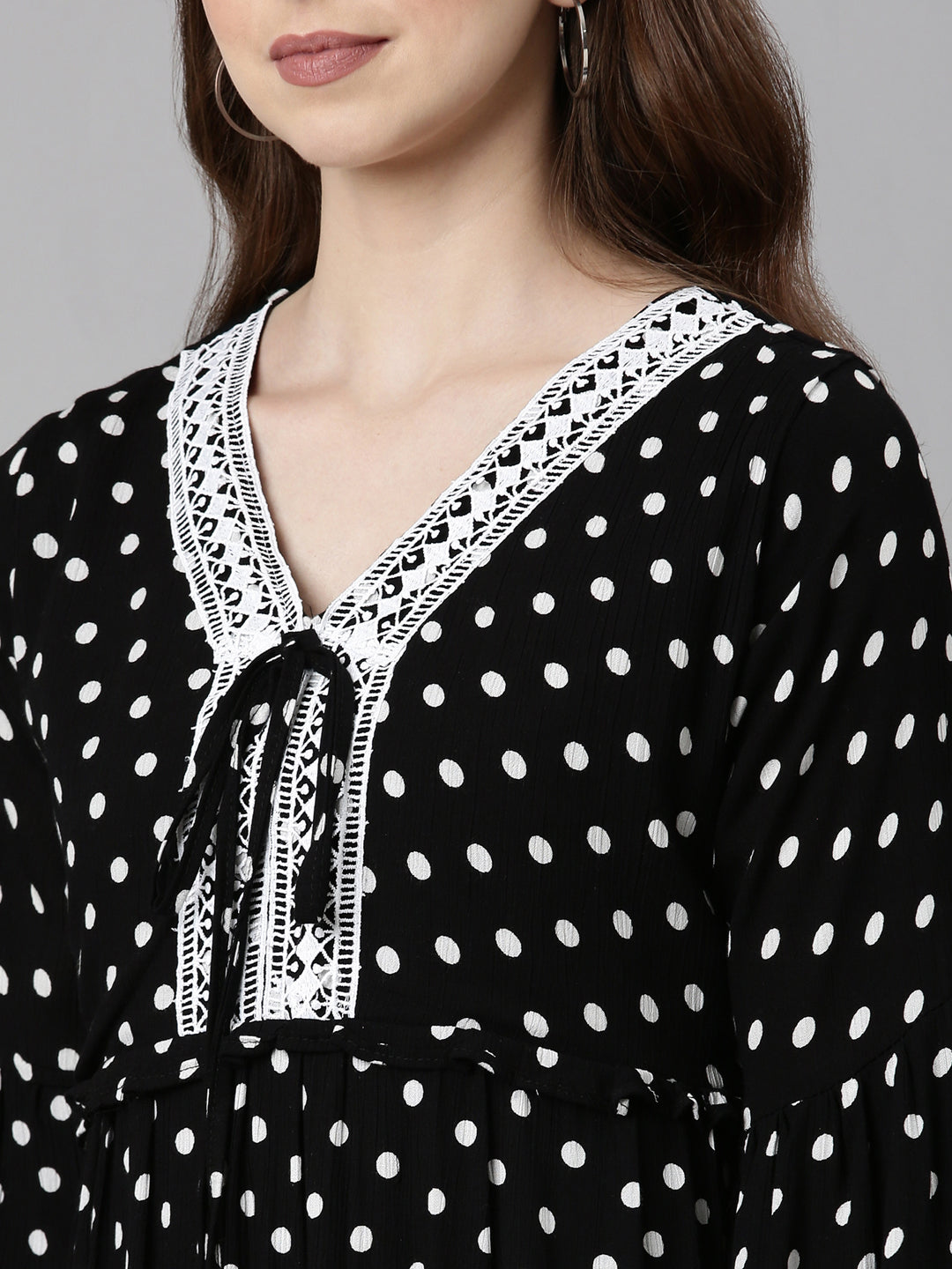 Women's Black Cotton Polka Dots Printed A-Line Dress