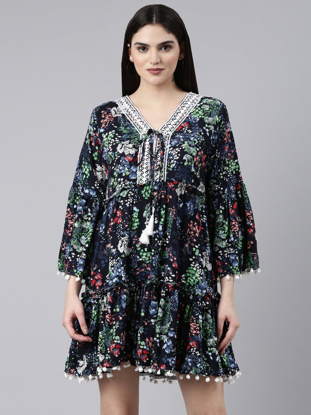 Women's Navy Blue Floral Printed Fit & Flare Dress