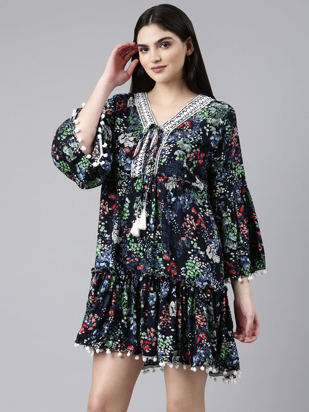 Women's Navy Blue Floral Printed Fit & Flare Dress