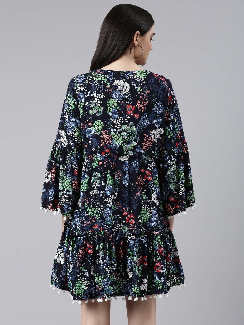 Women's Navy Blue Floral Printed Fit & Flare Dress