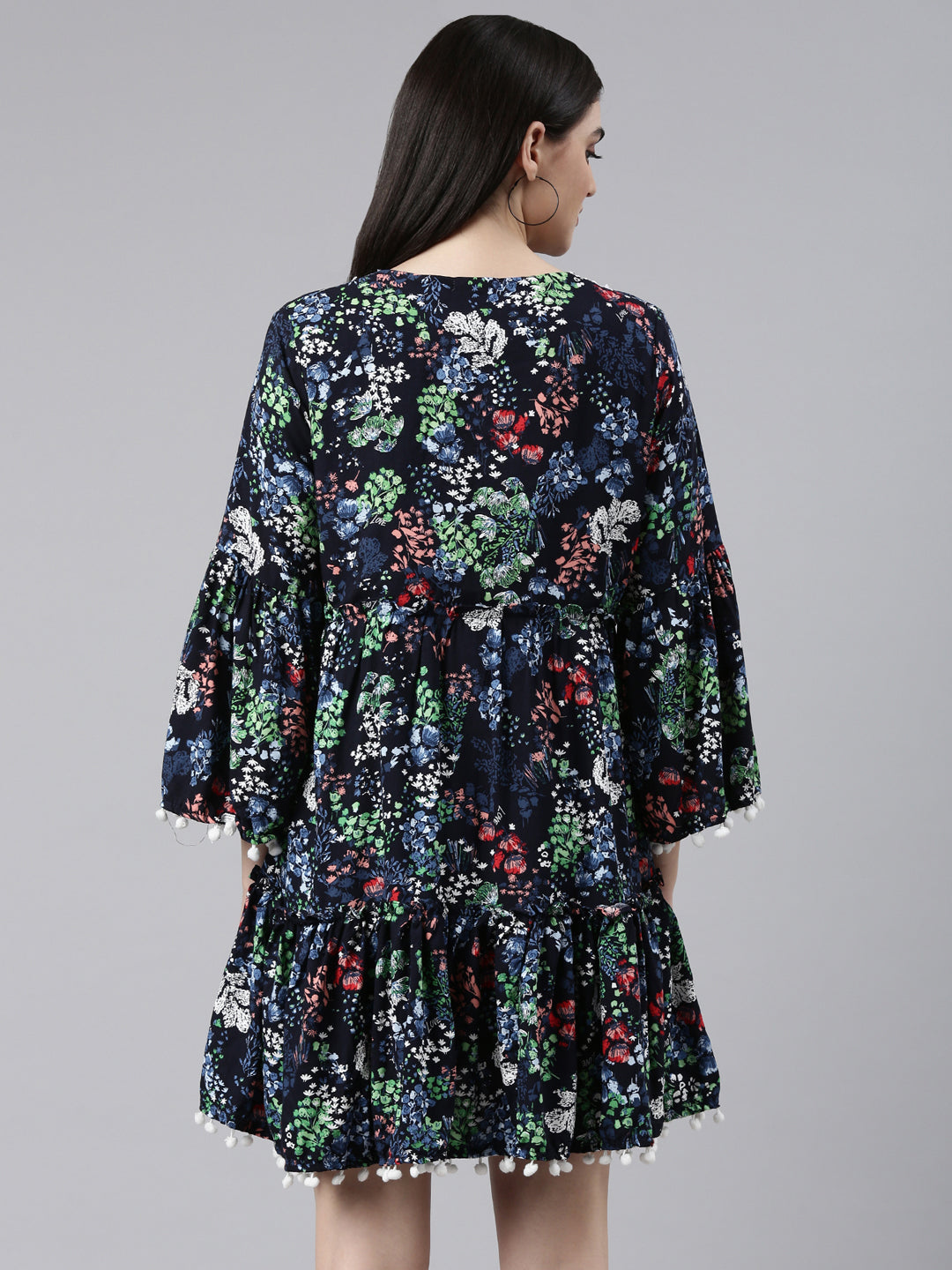 Women's Navy Blue Floral Printed Fit & Flare Dress