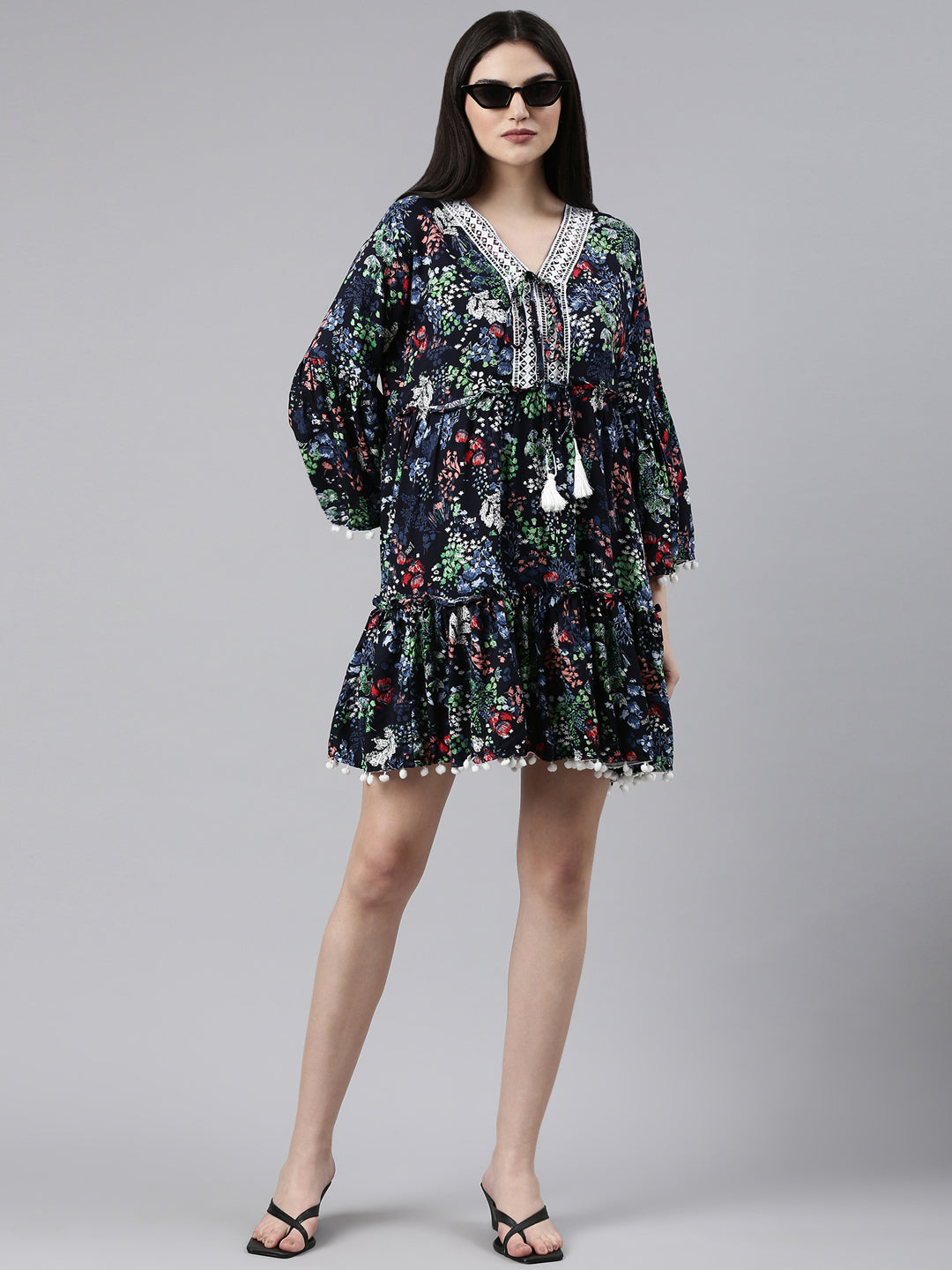 Women's Navy Blue Floral Printed Fit & Flare Dress