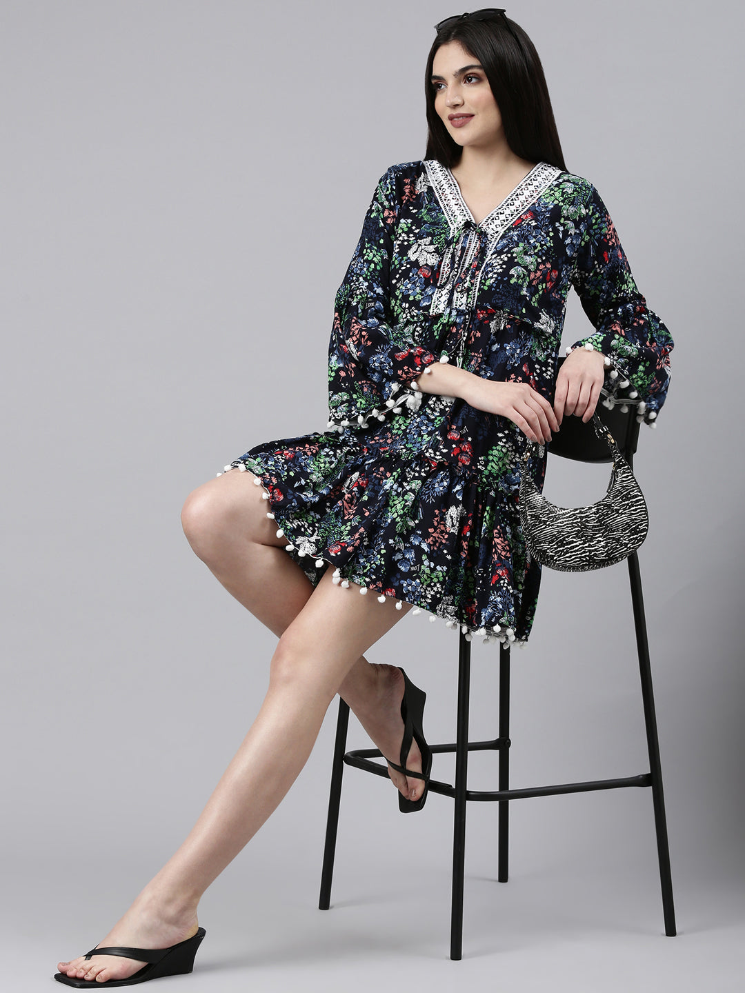 Women's Navy Blue Floral Printed Fit & Flare Dress