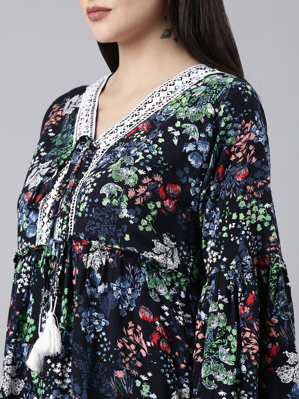 Women's Navy Blue Floral Printed Fit & Flare Dress