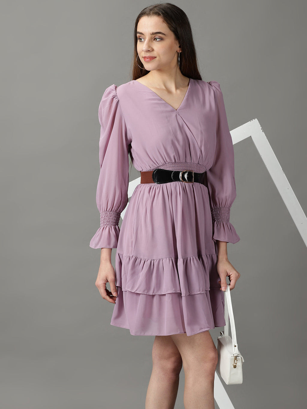 Women's Lavender V-Neck Layered Dress