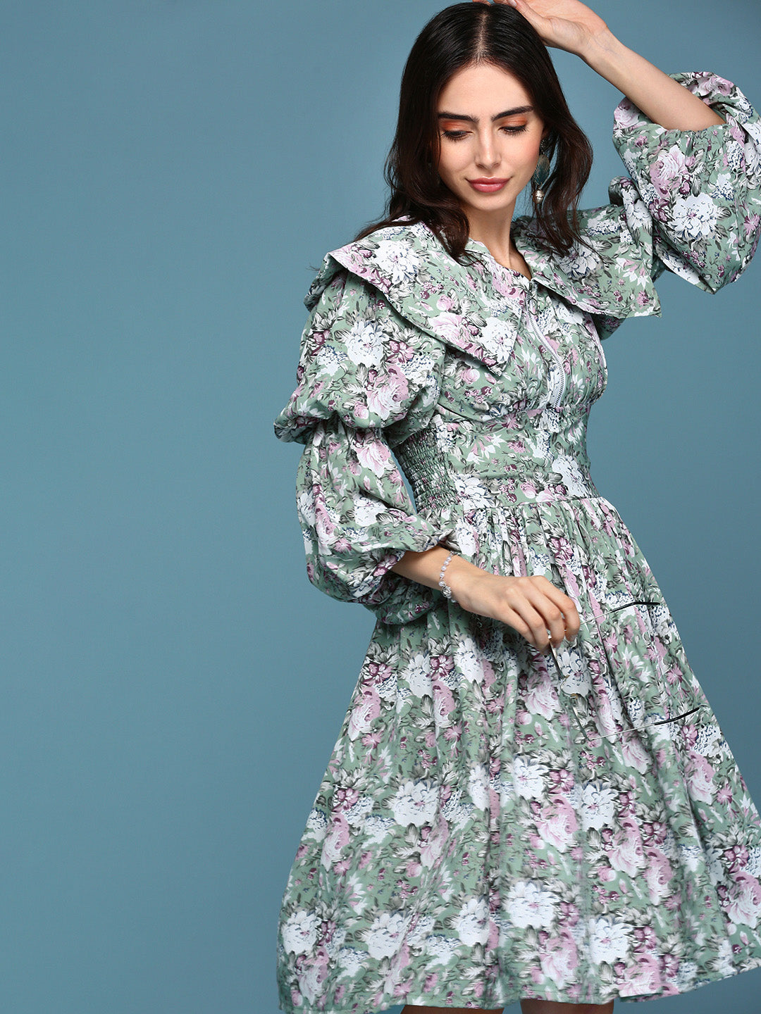 Women's Sea Green Floral Printed Puff Sleeves Gathered Fit & Flare Dress